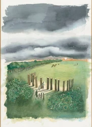 Neolityczna rekonstrukcja Raunds (akwarela na papierze)