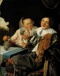 Wesołe towarzystwo: skrzypek i kobieta podają mu kieliszek wina, oboje pijani. Obraz Judith Leyster (1609-1660)