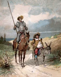 Don Kichot i Sancho Pansa, ilustracja do książki Miguela de Cervantesa „Histoire de Don Quichotte”, rycina według Julesa Davida
