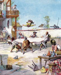 W Karczmie Sancho Pansa zostaje pobity, wzywa swojego mistrza Don Kichota, aby mu pomógł, ilustracja do książki Miguela de Cervantesa „Histoire de Don Quichotte”, rycina według Julesa Davida