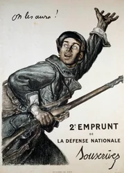 Pierwsza wojna światowa (1914-1918): plakat autorstwa Abla Faivre (1867-1945) dotyczący pożyczki państwowej. Żołnierz namawia publiczność do podpisania się pod nim „Zdobędziemy ich!” - 2. Loan de la Defense Nationale - Subskrybuj”
