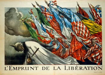 Pierwsza wojna światowa: „Pożyczenie wyzwolenia”, Wilhelm II (1859 - 1941) skłonił się pod flagami alianckimi. Ilustracja Abela Faivre