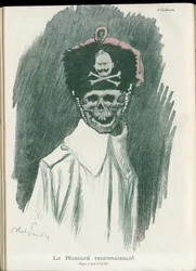 Ilustracja autorstwa Abla Faivre (1867-1945) w „”Fantasio””, 01.05.15 - Wdzięczny Huzar - Wojna 14-18, Niemcy Pruski - Wilhelm II, Żniwiarz/Towarzysz - Śmierć, TwarzeRiantes