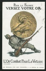 Pocztówka, Satyryka en Kolory, ok. 1915: Za Francję, Wlej swoje złoto - Wojna 14-18, Niemcy Prusy, Srebro, Wojownicy i symbole, Zwycięstwo, Pożyczki, Podróże patriotyczne - Kogut - Ilustracja autorstwa Abla Faivre