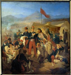 Wojna krymska: chirurg wojskowy Scrive opatruje rannych po bitwie pod Inkermanem 5/11/1854. Obraz Jules