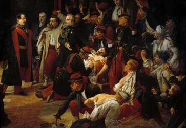 Cesarz Napoleon III odwiedza francuskie, piemonckie i austriackie rany w bitwie pod Montebello do karetek pogotowia Voghere w maju 1859 r. Szczegół. Obraz Julesa Rigo (1810-1892) 1859 Paryż, Muzeum Val de Grace