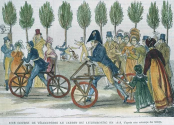 Wyścig welocypedów w Jardin du Luxembourg w 1818 r. po rycinie z epoki, rytowanej przez P. Comte (XIX w.) (kolorowa grawerunek)