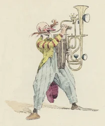 Klaun grający na niezwykłym instrumencie muzycznym (kolor lito)