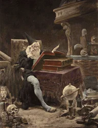 Mężczyzna tłumaczący broszurę znalezioną przez Jeana Audeau, opowiadającą historię Gargantui. Gargantua. Ilustracja Julesa Garniera. W "Rabelais et l