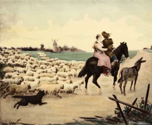 Dwór i pasterz na koniu. Osioł ma ich prawo. Owca i następny pies pasterski. Pantagruel. Ilustracja Julesa Garniera. W "Rabelais et l