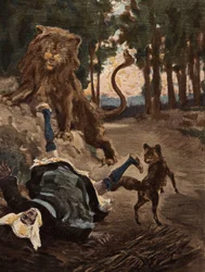 Kobieta zbierająca drewno w lesie Bievre, przestraszona przez lwa i lisa. Pantagruel. Ilustracja autorstwa Julesa Garniera. W "Rabelais et l