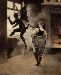 Stara kobieta z Papefiguiere straszy diabła wybiegającego przez okno. Pantagruel. Ilustracja Julesa Garniera. W "Rabelais et l