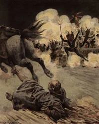 Brat Etienne Tappecoue osusza konia po tym, jak został dotknięty przez wieśniaków przebranych za diabła. Pantagruel. Ilustracja Julesa Garniera. W "Rabelais et l