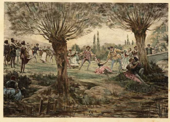 Tancerze i muzycy podczas imprezy Mardi Gras. Gargantua. Ilustracja autorstwa Julesa Garniera. W "Rabelais et l