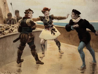 Spór między Panurge (po prawej) i Dindenaut (Dindenault), kupcem z Taillbourg, odmawiającym jego miecza. Pantagruel. Ilustracja autorstwa Julesa Garniera. W "Rabelais et l