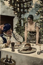 Gargantua jedzący, kobieta podająca mu jedzenie. Gargantua. Ilustracja Julesa Garniera. W "Rabelais et l