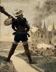 Gargantua niszczący zamek Gue de Vede za pomocą drzewa. Gargantua. Ilustracja autorstwa Julesa Garniera. W "Rabelais et l