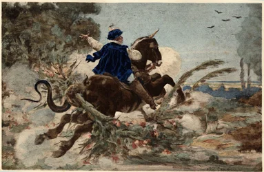 Gargantua na swojej klaczy niszczy las Beauce. Gargantua. Ilustracja Julesa Garniera. W "Rabelais et l