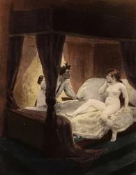 Wielki Thibeault chowa młotek za plecami. Jego żona leży na łóżku. Pantagruel. Ilustracja Julesa Garniera. W "Rabelais et l