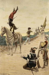 Gimnastyk wykonujący kabriolety na koniu, przez co żołnierze Tripeta uciekają w popłochu. Gargantua. Ilustracja autorstwa Julesa Garniera. W "Rabelais et l