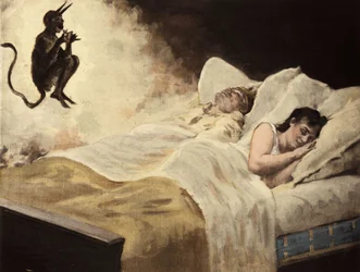 Hans Caruel (Carufel), król Melinde, i jego żona śpią w łóżku. Szatan daje mężowi pierścień, aby jego żona pozostała mu wierna. Pantagruel. Ilustracja Julesa Garniera. Rabelais i twórczość Julesa Garniera