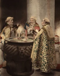 W kaplicy trzej księża otaczają benitier, w którym zanurzony jest mężczyzna. Pantagruel. Ilustracja autorstwa Julesa Garniera. W "Rabelais et l