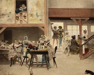 Wnętrze hostelu w Chinon. Pantagruel i Panurge na postoju. Pantagruel. Ilustracja autorstwa Julesa Garniera. W "Rabelais et l