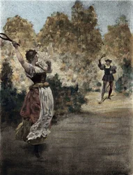 Mężczyzna i kobieta grający w griesche (grecki). Gargantua. Ilustracja Julesa Garniera. W "Rabelais et l