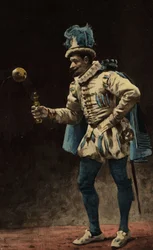 Mężczyzna grający w bule (w bilboquet). Gargantua. Ilustracja Julesa Garniera. W "Rabelais et l