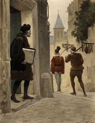 Mistrz Janotus (Ianotus) z Bragmardo opuszczający paryski dom Gargantui, zabierający dary ofiarowane przez Gargantuę. Gargantua. Ilustracja autorstwa Julesa Garniera. W "Rabelais et l