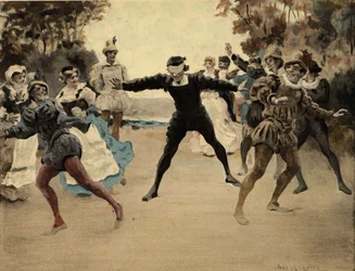 Mężczyźni i kobiety grający w Colina Maillarda. Gargantua. Ilustracja Julesa Garniera. W "Rabelais et l