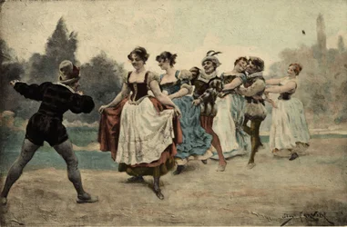 Mężczyźni i kobiety bawią się w ogon przy klocu (wilczy ogon). Gargantua. Ilustracja Jules