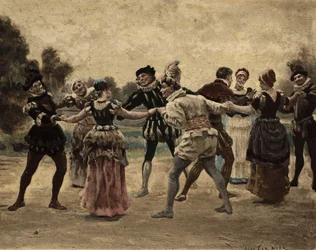 Mężczyźni i kobiety grający w furona. Gargantua. Ilustracja Julesa Garniera. W "Rabelais et l