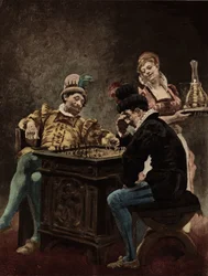 Mężczyźni grający w szachy. Gargantua, ilustracja autorstwa Julesa Garniera. W "Rabelais i dzieła Julesa Garniera".
