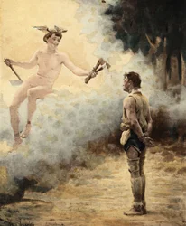 Mercure (Hermes) podający trzy topory Couillatrisowi, drwalowi z wioski Gravot, niedaleko Chinon. Pantagruel. Ilustracja Julesa Garniera. W "Rabelais et l