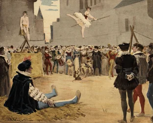 Muzycy i wesołkowie występujący na ulicy pod okiem Gargantui (siedzi, po lewej). Gargantua. Ilustracja autorstwa Julesa Garniera. W "Rabelais et l