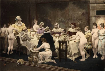 Pantagruel, Panurge, Frere Jean i Epistmon podczas kolacji zorganizowanej przez Homenas, wigilię Papimanes, mieszkańców wyspy Papimania. Pantagruel. Ilustracja autorstwa Julesa Garniera. W "Rabelais et l