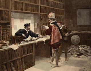 Pantagruel w księgarni Saint Victor w Paryżu. Pantagruel. Ilustracja autorstwa Julesa Garniera. W "Rabelais et l