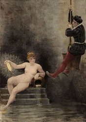 Panurge zstępujący do studni lub, według Heraklita (Heraklita), prawda symbolizowana przez kobietę. Pantagruel. Ilustracja Julesa Garniera. W "Rabelais et l