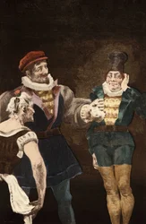 Panurge daje pieniądze mężczyźnie, aby poślubił starą kobietę. Pantagruel. Ilustracja autorstwa Julesa Garniera. W "Rabelais et l