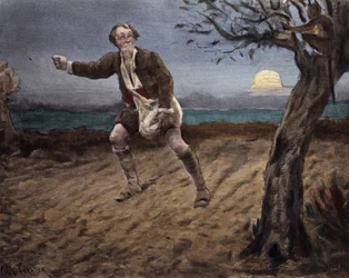 Diabeł, siedzący na drzewie, rozmawiający z chłopem siejącym pieski. Pantagruel. Ilustracja Julesa Garniera. W "Rabelais et l