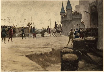 Armia Ulricha Galleta, wysłana przez Grandgousiera, ojca Gargantui, przed zamek Picrochole, króla Lerne, z laskami i trzcinami na znak pokoju. Gargantua. Ilustracja autorstwa Julesa Garniera. W "Rabelais et l