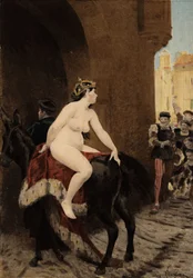 Żona cesarza Mediolanu, Federica (Fryderyka) Barberossy, ścigana z miasta przez mediolańczyków. Jeździ na mule Thacor. Pantagruel. Ilustracja Julesa Garniera. W "Rabelais et l