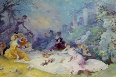 Śniadanie na trawie Scena wiejskiego pikniku. Obraz Julesa Chereta (1836-1932) XX w. Nicea, Musee Cheret