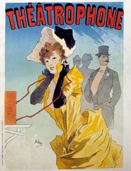Plakat do Theatrophone: młoda elegancka elegancja słucha słuchaczom utworu teatralnego. Ilustracja Julesa Chereta (1836-1932) XIX-wieczny Paryż, Sztuka dekoracyjna