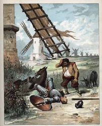 Don Kichot i wiatraki - Ilustracja Julesa Davida (1808-1892) z Histoire de Don Kichot (Don Kichota) - 1887 - autorstwa Miguela de Cervantesa Saavedra (1547-1616) -