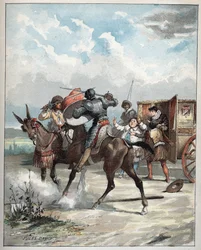Don Kichot atakujący swojego wroga - Don Kichot na koniu napada na swojego wroga - Ilustracja Julesa Davida (1808-1892) z Histoire de Don Kichot (Don Kichota) - 1887 - autorstwa Miguela de Cervantesa Saavedra (1547-1616) -