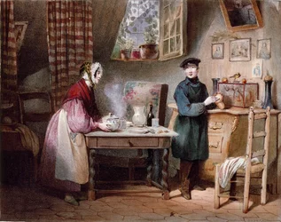 Gospodarka. Młoda para w domu: kobieta stawia łyk na stole, a mężczyzna wrzuca monetę do skarbonki. Kolorowa grawerunek Julesa Davida (XIX w.) Paryż, Musee Carnavalet