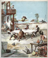 W Inn Sancho Pansa jest poturbowany, wzywa swojego mistrza Don Kichota, aby mu pomógł - W hotelu des gaillards robią voltigera Sancho Pansę z kocem, Sancho wzywa, aby pomóc swojemu mistrzowi Don Kichotowi - Ilustracja Julesa Davida (1808-1892) z Historia