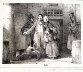 Mężczyzna opuszczający więzienie i spotykający się z rodziną, ok. godz. 1830.